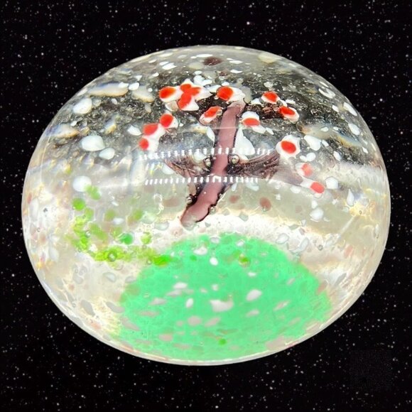 Vintage Art Glass Paperweight Cherry Tree w White Dots Round Sphere Glass 2.5”W - Picture 5 of 12